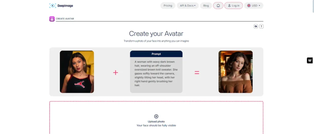 Screenshot of DeepImage interface for generating custom AI avatars.